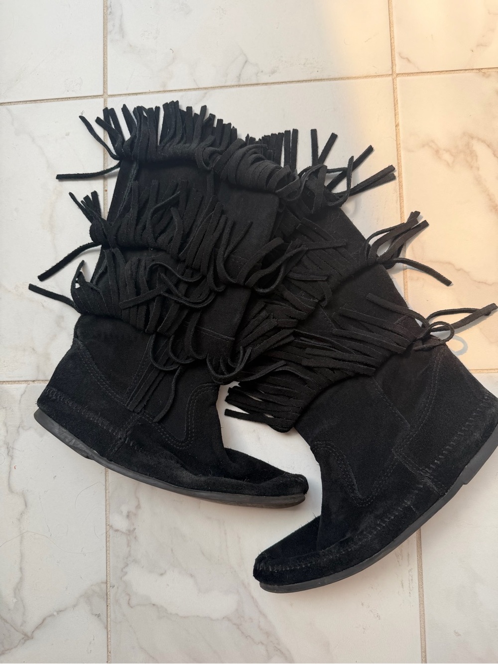 Minnetonka Black Suede Fringe Moccasin Boots